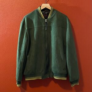Robert Graham Men’s Green Faux Suede Stripe‎ Rib Trim Varsity Bomber Jacket